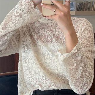 Mock-neck Embroidered Long-sleeve Top Off-white - One Size