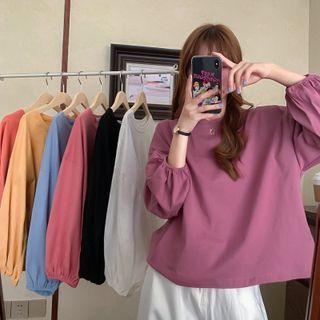 Lantern-sleeve Crew-neck Plain T-shirt
