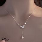 Butterfly Faux Pearl Pendant Sterling Silver Necklace
