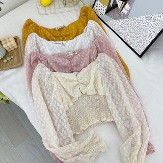 Long-sleeve Shirred Chiffon Cropped Blouse