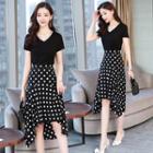 Set: Short-sleeve Top + Dotted A-line Midi Dress
