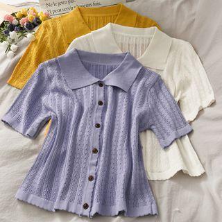Collared Eyelet Button-down Knit Top