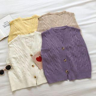 Plain Single-breasted Cable-knit Vest