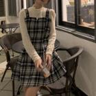 Mock Two-piece Long-sleeve Lace Plaid Midi A-line Dress