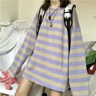 Long-sleeve Striped Round Neck Top Light Purple - One Size