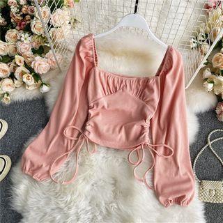 Square-neck Drawstring Puff Long-sleeve Top