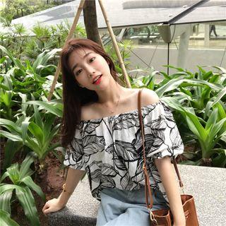 Leaf Print Off-shoulder Short-sleeve Blouse