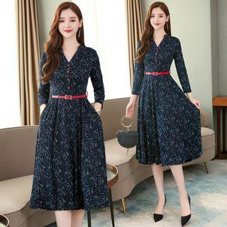 Printed Long-sleeve Midi A- Line Dress