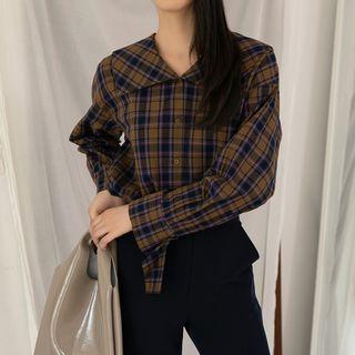 Sailor-collar Checked Shirt Brown - One Size