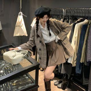 Plaid Double-breasted Blazer / Mini Pleated Skirt / Plain Shirt