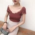 Lace Panel Short-sleeve Knit Sweater