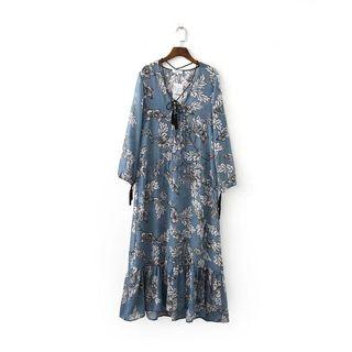 Long-sleeve Tie-front Printed Dress
