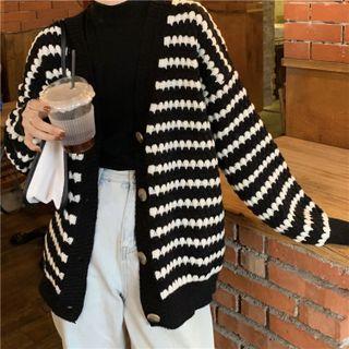 V-neck Striped Cardigan Stiped - Black & White - One Size
