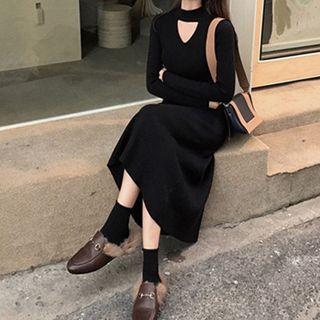 Puff-sleeve Paneled Cutout Midi A-line Dress Black - One Size
