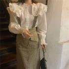Long-sleeve Shirt / Plaid Midi Fitted Suspender Skirt