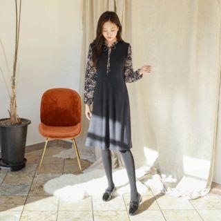 Floral Contrast-sleeve Flare Dress