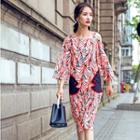 Cutout Shoulder Fish Pocket Patterned Chiffon Dress