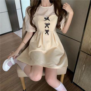 Short-sleeve Plaid Top / Strappy A-line Dress