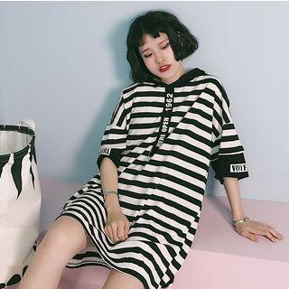 Elbow-sleeve Striped Hooded T-shirt Dress