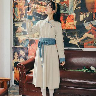 Embroidered Stand Collar Frog-button Dress