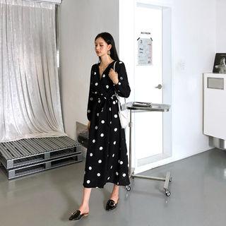 Wrap-front Dotted Maxi Flare Dress With Sash One Size