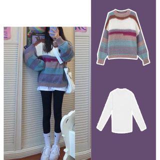 Set Of 2: Striped Sweater + Plain Sweatshirt