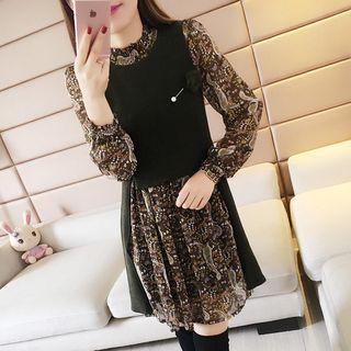 Long-sleeve Knit-panel Printed Dress