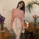 Long-sleeve Plain Loose-fit Top / High-waist Slim-fit Skirt