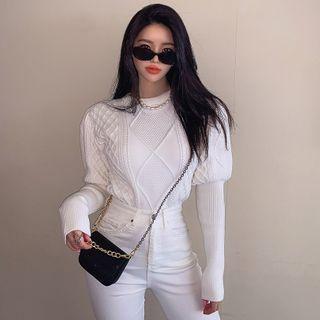 Puff-shoulder Cropped Cable-knit Top