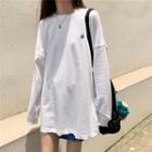 Embroidered Round-neck Long-sleeve Top White - One Size