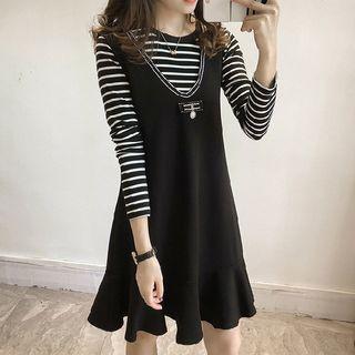 Set: Striped Long Sleeve T-shirt + Pinafore Flared Dress