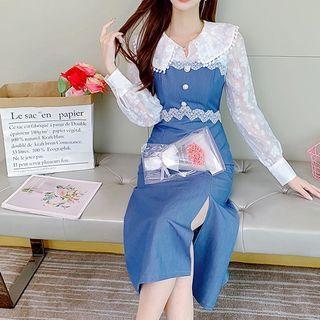 Set: Long Sleeve Floral Blouse + Denim Overall Dress