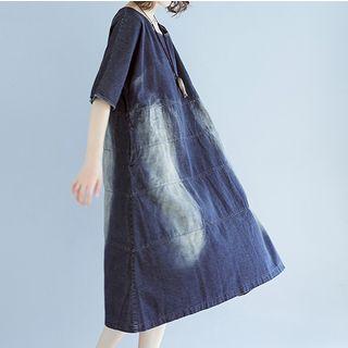 Elbow-sleeve Denim Dress Blue - One Size