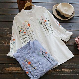 3/4-sleeve Ruffled Embroidered Blouse