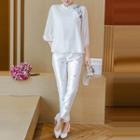 Set: Embroidered Mandarin Collar Chiffon Top + Embroidered Cropped Pants