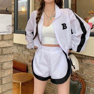 Set: Stand-collar Contrast Trim Jacket + Shorts