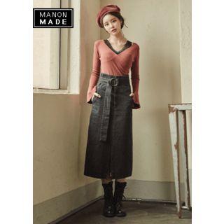 Belted Denim H-line Long Skirt