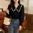 Long-sleeve Faux Pearl Lace Cropped Blouse