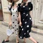 Dotted Square-neck Puff-sleeve Dress