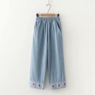Strawberry Embroidered Cropped Straight-fit Jeans Light Blue - One Size