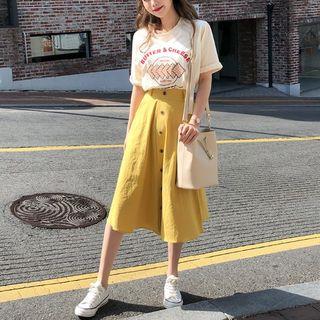 Printed Short-sleeve T-shirt / Midi A-line Skirt / Set