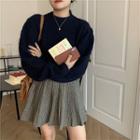 Long-sleeve Plain Sweater / High-waist Plaid Pleated A-line Skirt