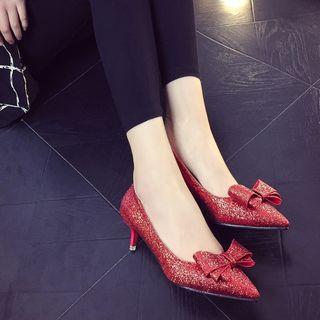 Ribbon Accent Kitten Heel Glitter Pumps