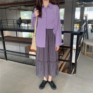 Long-sleeve Plain Shirt / Midi Floral A-line Skirt