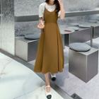 Set: Short-sleeve Plain T-shirt + Spaghetti-strap V-neck Plain Dress