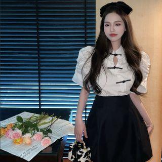 Short-sleeve Frog Buttoned Blouse / A-line Skirt