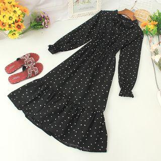 Heart Long-sleeve A-line Dress Black - One Size