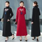 Long-sleeve Embroidered Tasseled Maxi A-line Dress
