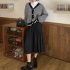 Checked V-neck Cardigan / Pleated Midi A-line Skirt
