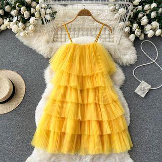 Spaghetti Strap Layered Mesh Mini A-line Dress